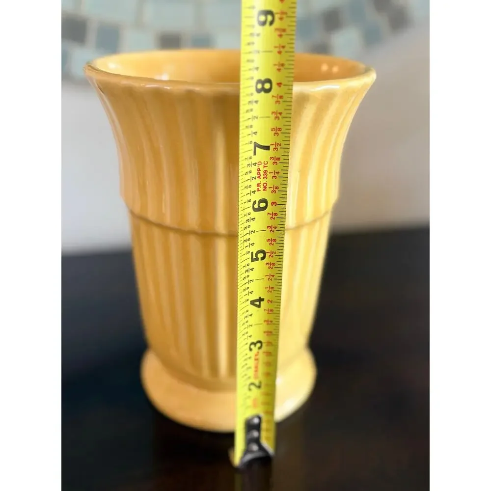 Vtg Yellow USA Pottery Vase Ribbed Fluted Art Deco Mid Century Ceramic Planter